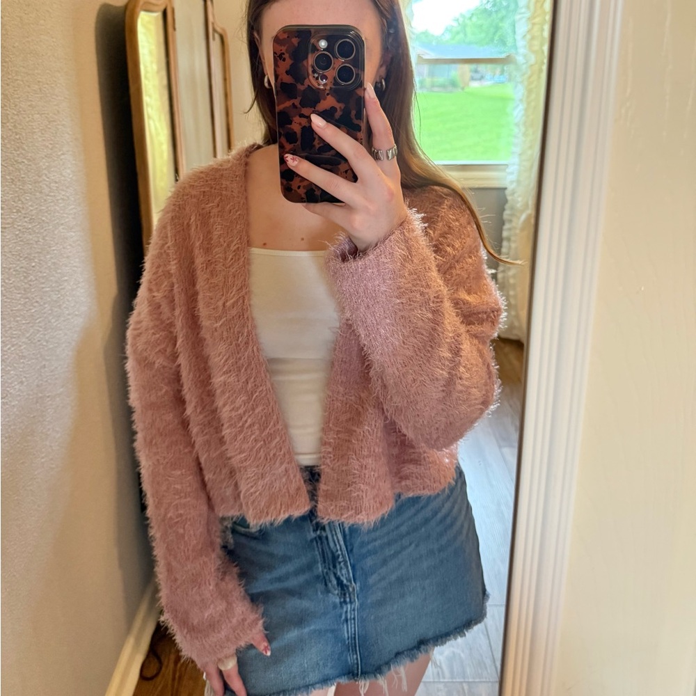 boutique fuzzy pink cardigan